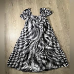 Navy Checkered Square Neck Maternity Midi Dress